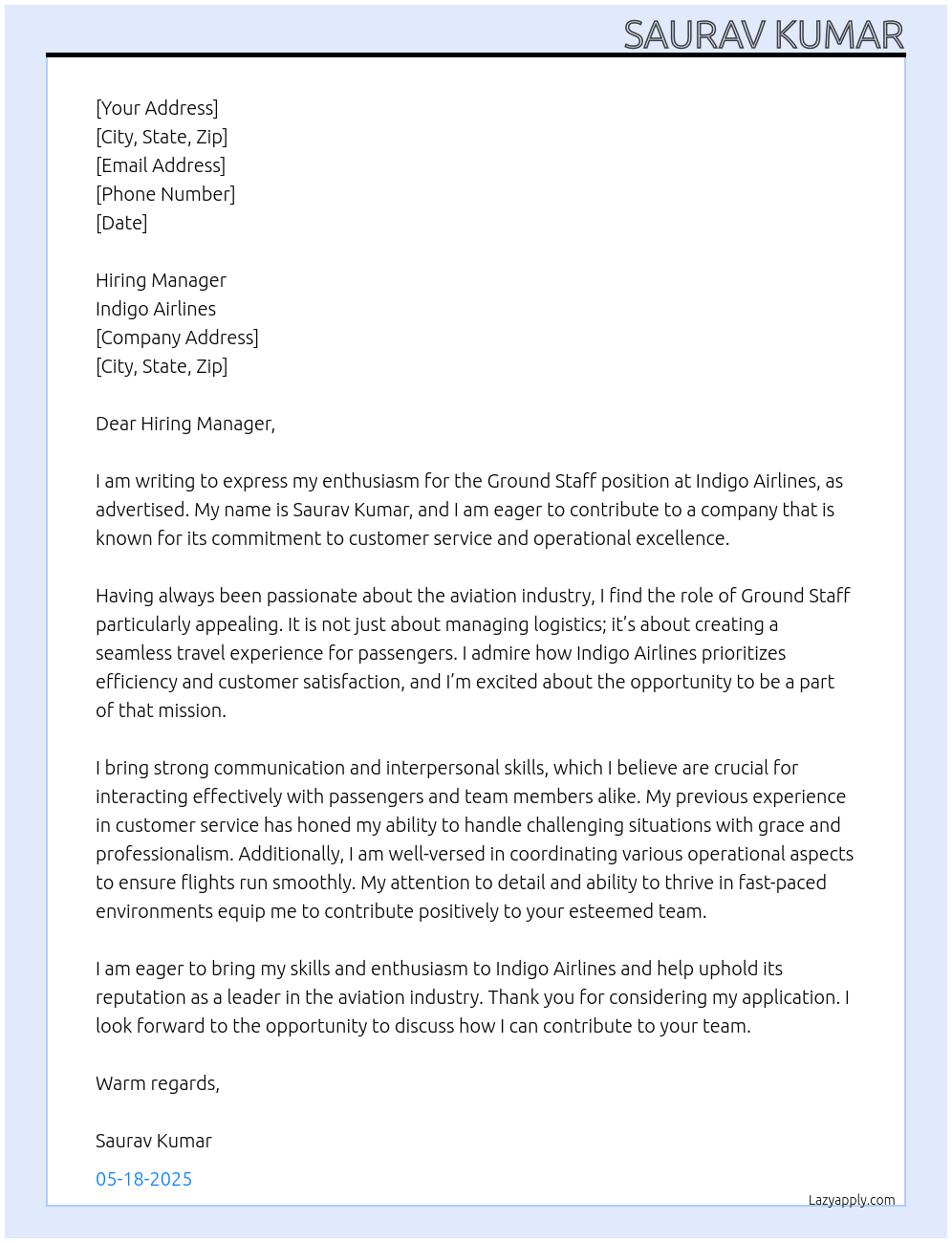 Ground staff At Indigo airlines Cover Letter