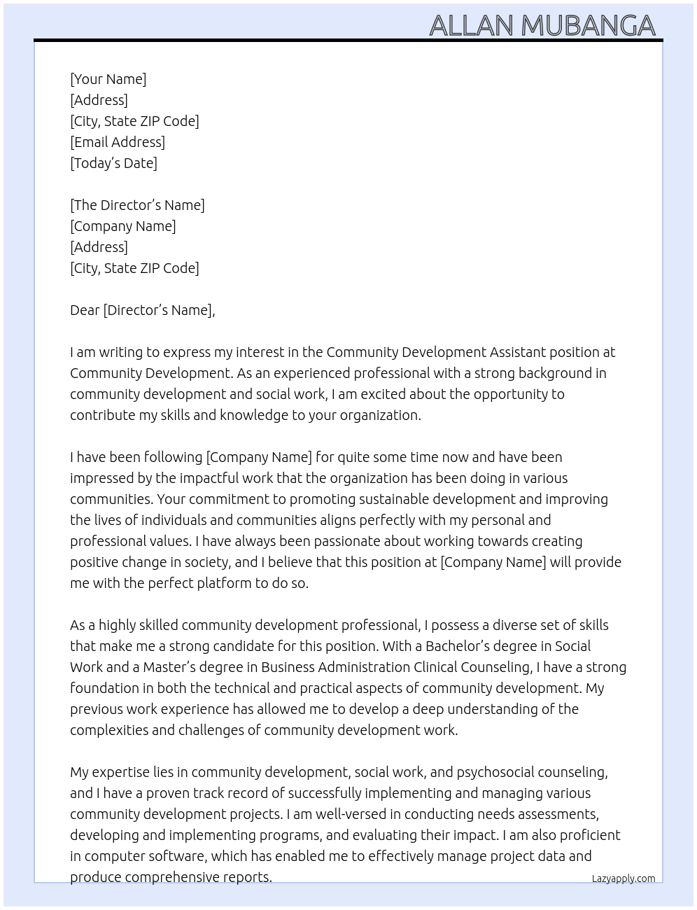 Community Development Assistant At Community Development Cover Letter