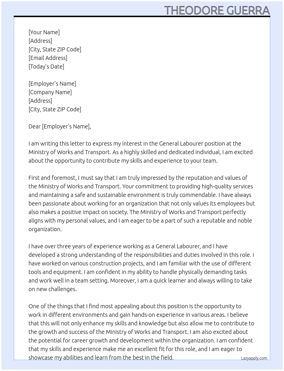 General Labourer At Ministry of Works and Transport Cover Letter