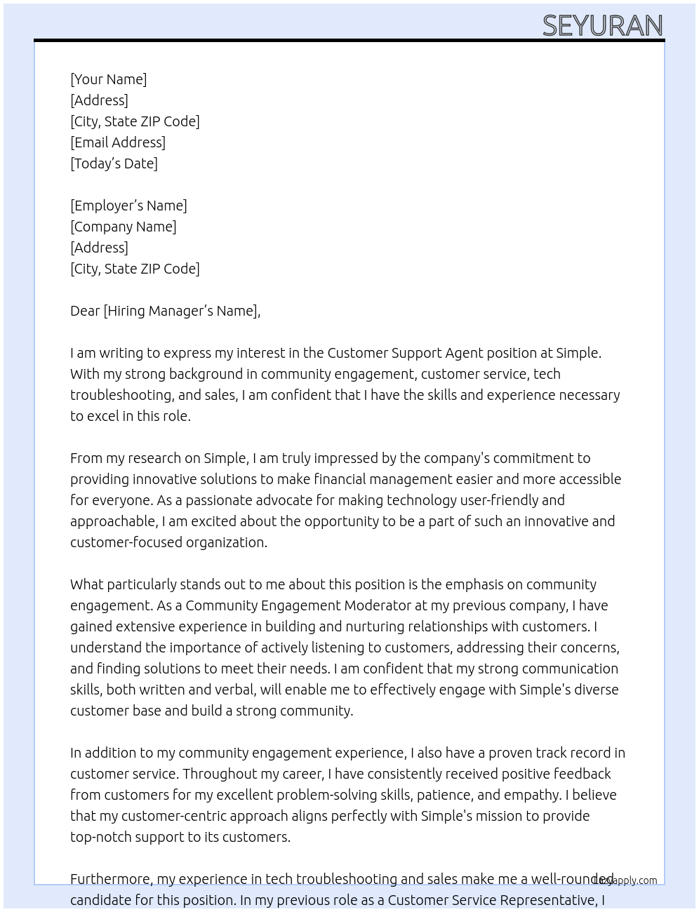 customer support agent At Simple Cover Letter