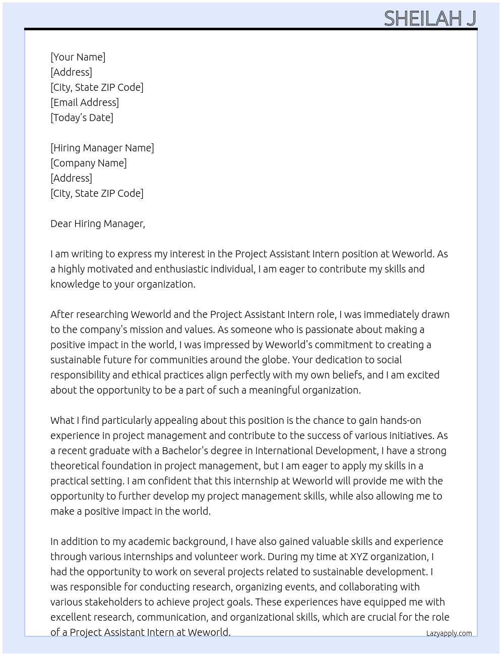 Project Assistant intern At Weworld Cover Letter