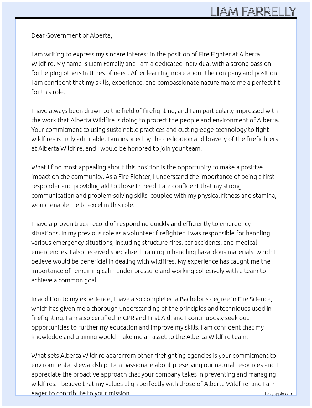 FIRE FIGHTER At Alberta Wildfire Cover Letter