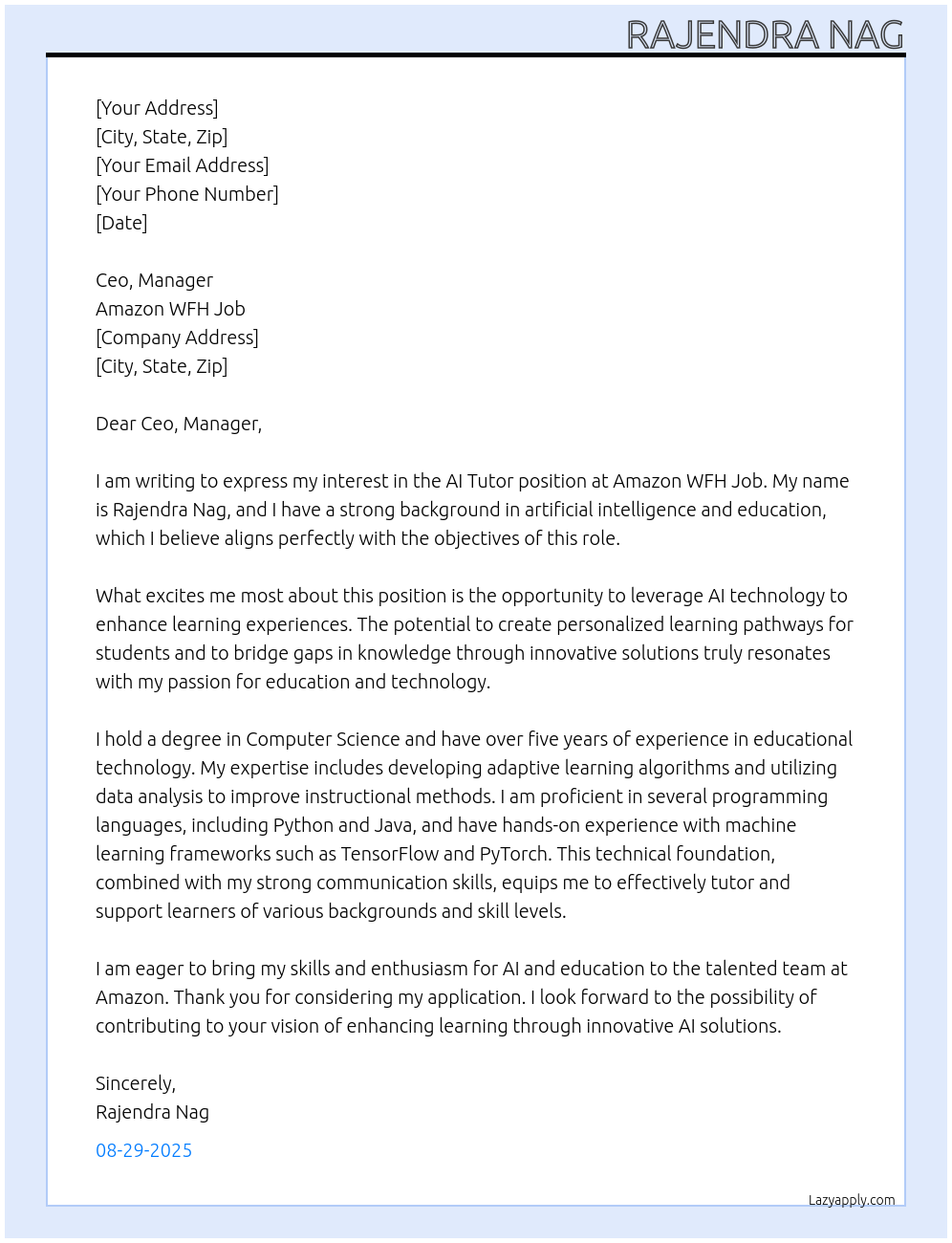 Ai Tutor At Amazon WFH Job Cover Letter