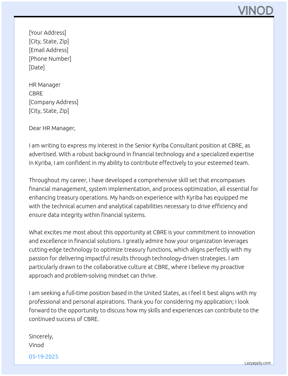 Senior Kyriba Consutlant At CBRE Cover Letter