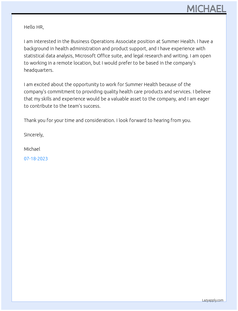 Business Operations Associate At Summer Health Cover Letter