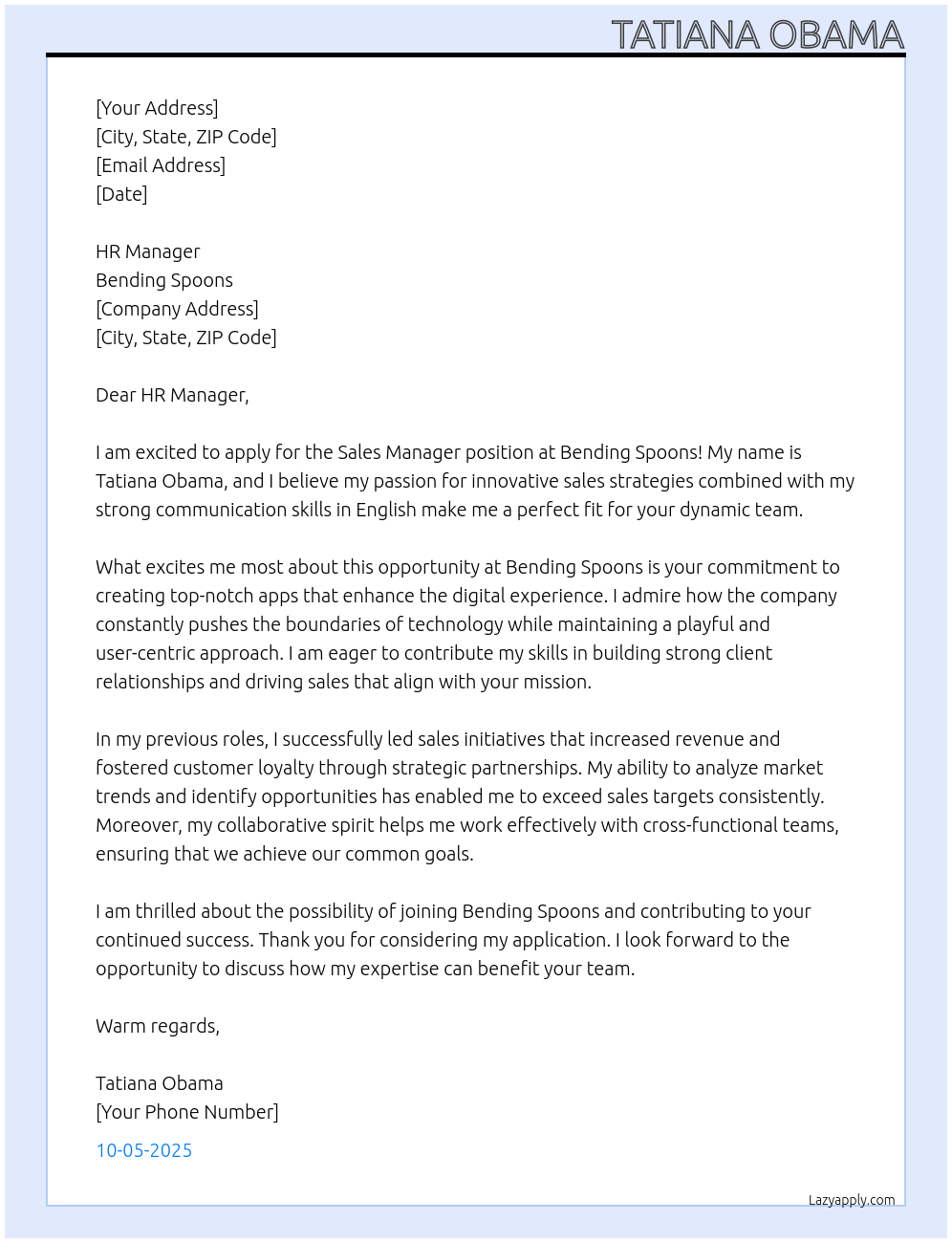 Sales manager At Bending Spoons Cover Letter