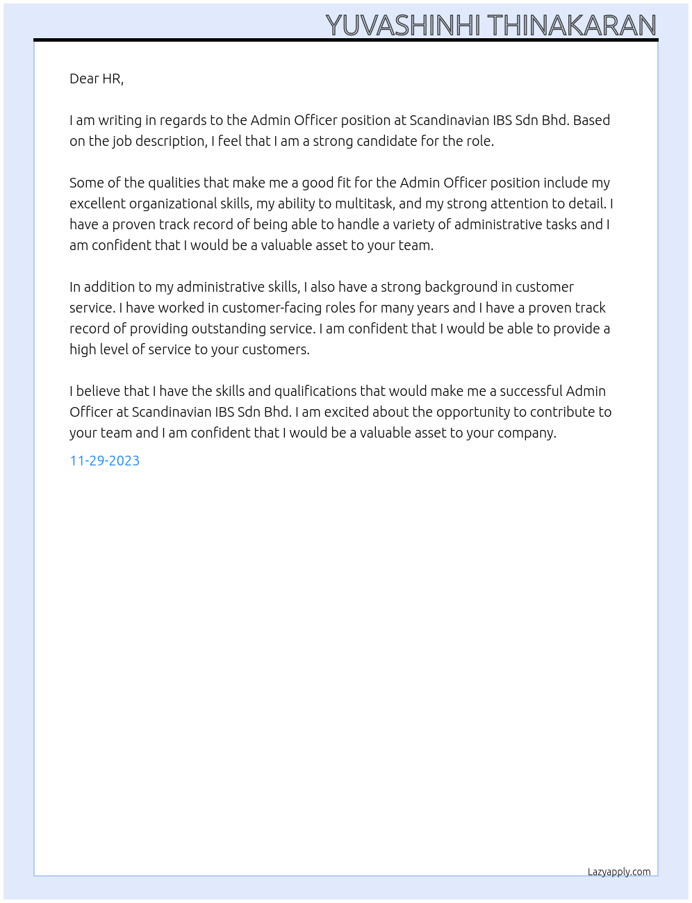 Admin Officer At Scandinavian IBS Sdn Bhd Cover Letter