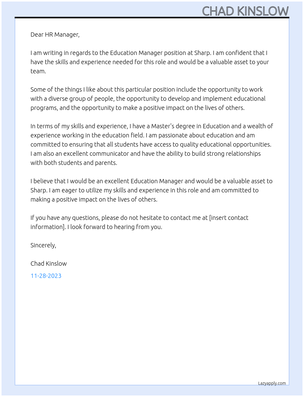 Education Manager At Sharp Cover Letter