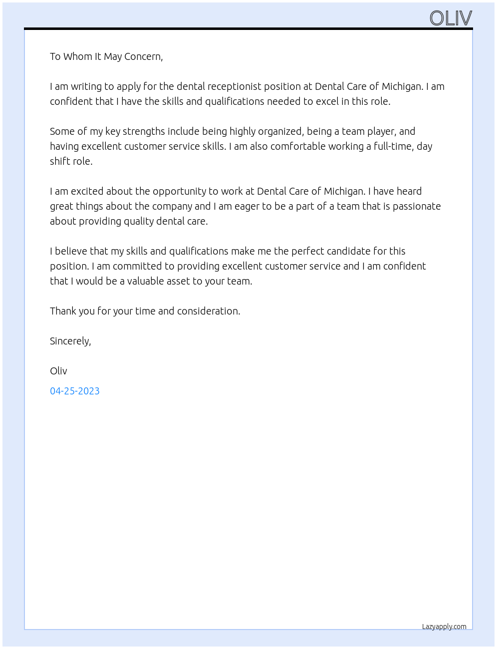 Dental Receptionist At Dental Care of Michigan Cover Letter