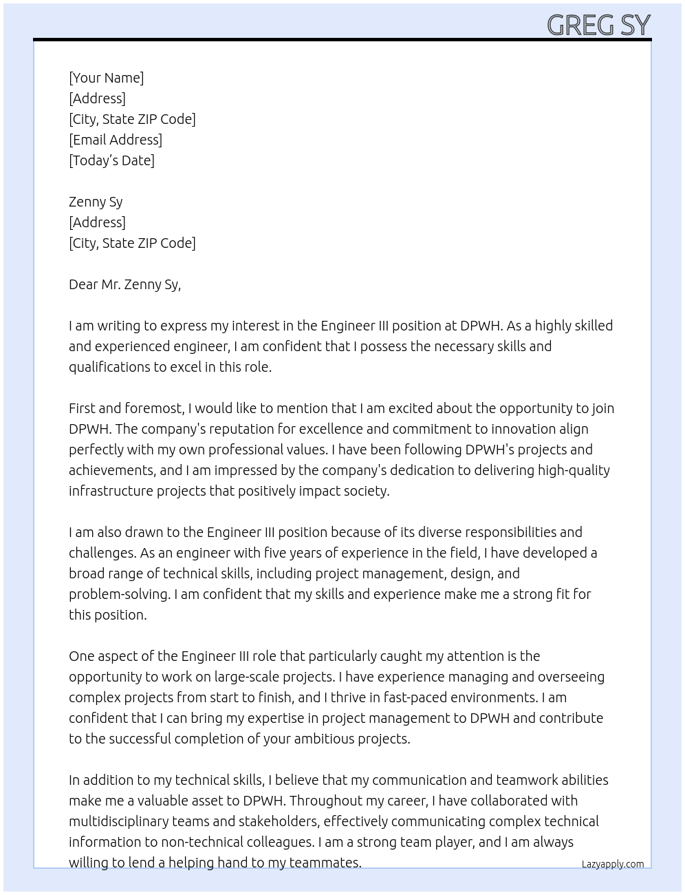 Engineer III At DPWH Cover Letter