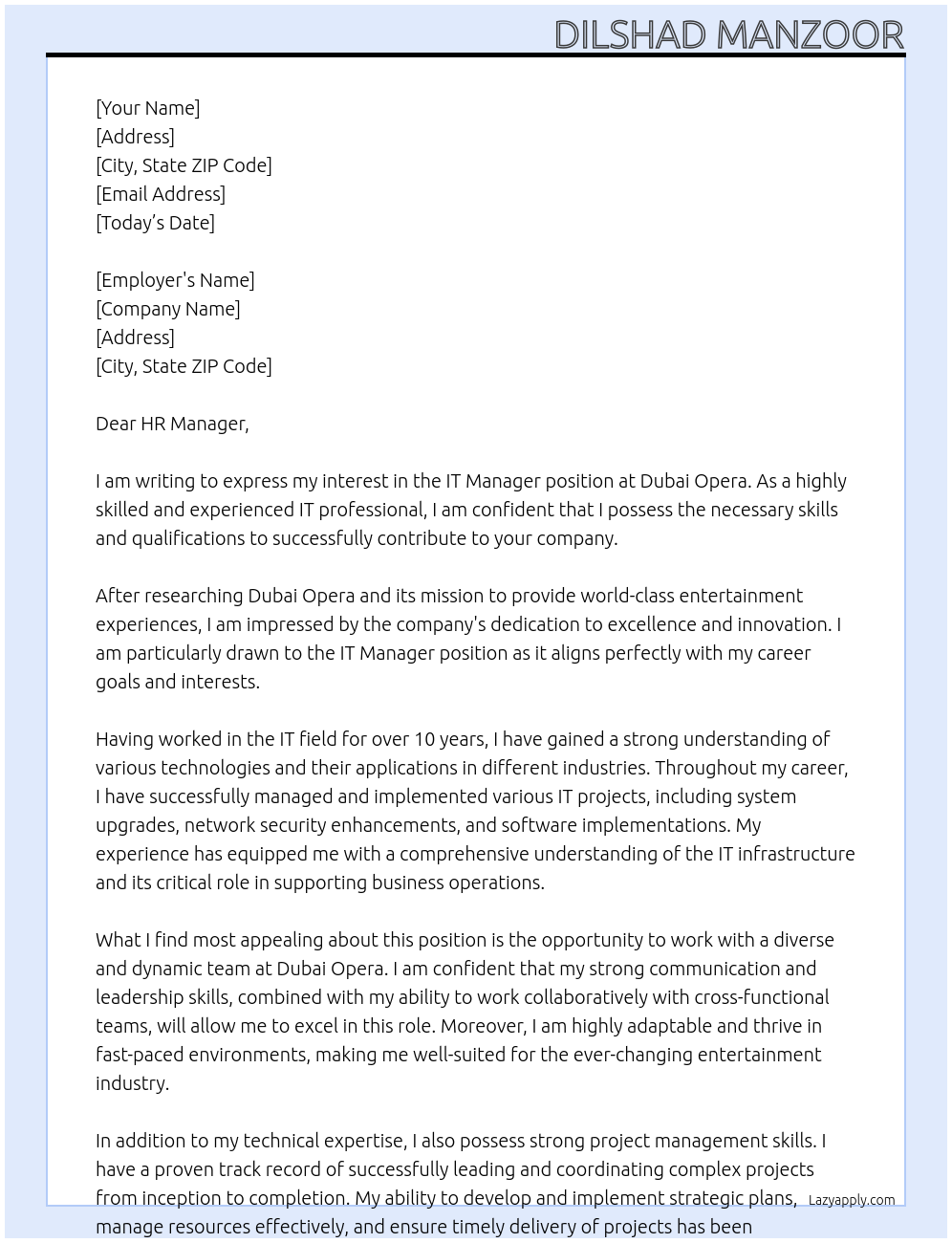 IT MANAGER At Dubai Opera Cover Letter