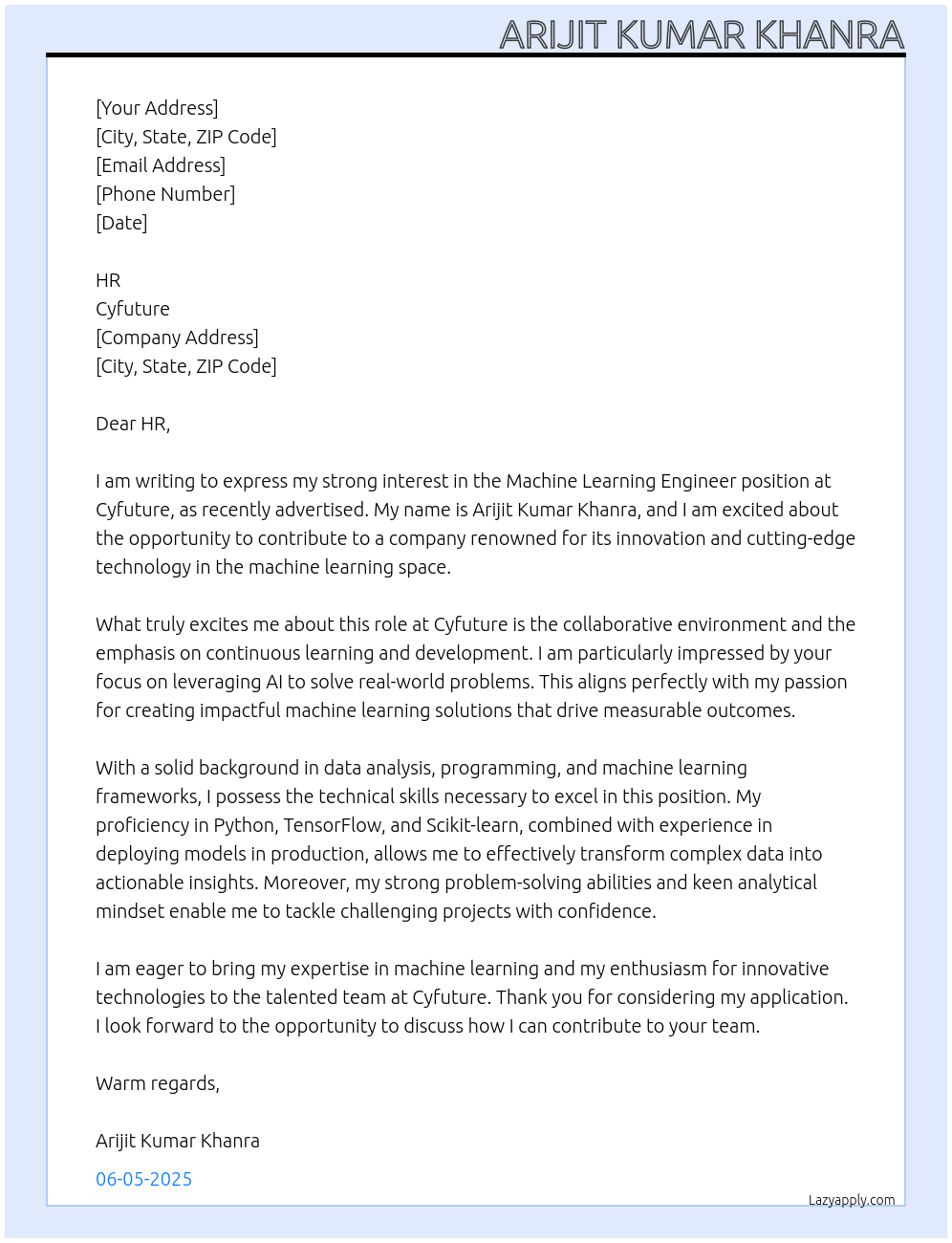 Machine Learning Engineer At Cyfuture Cover Letter