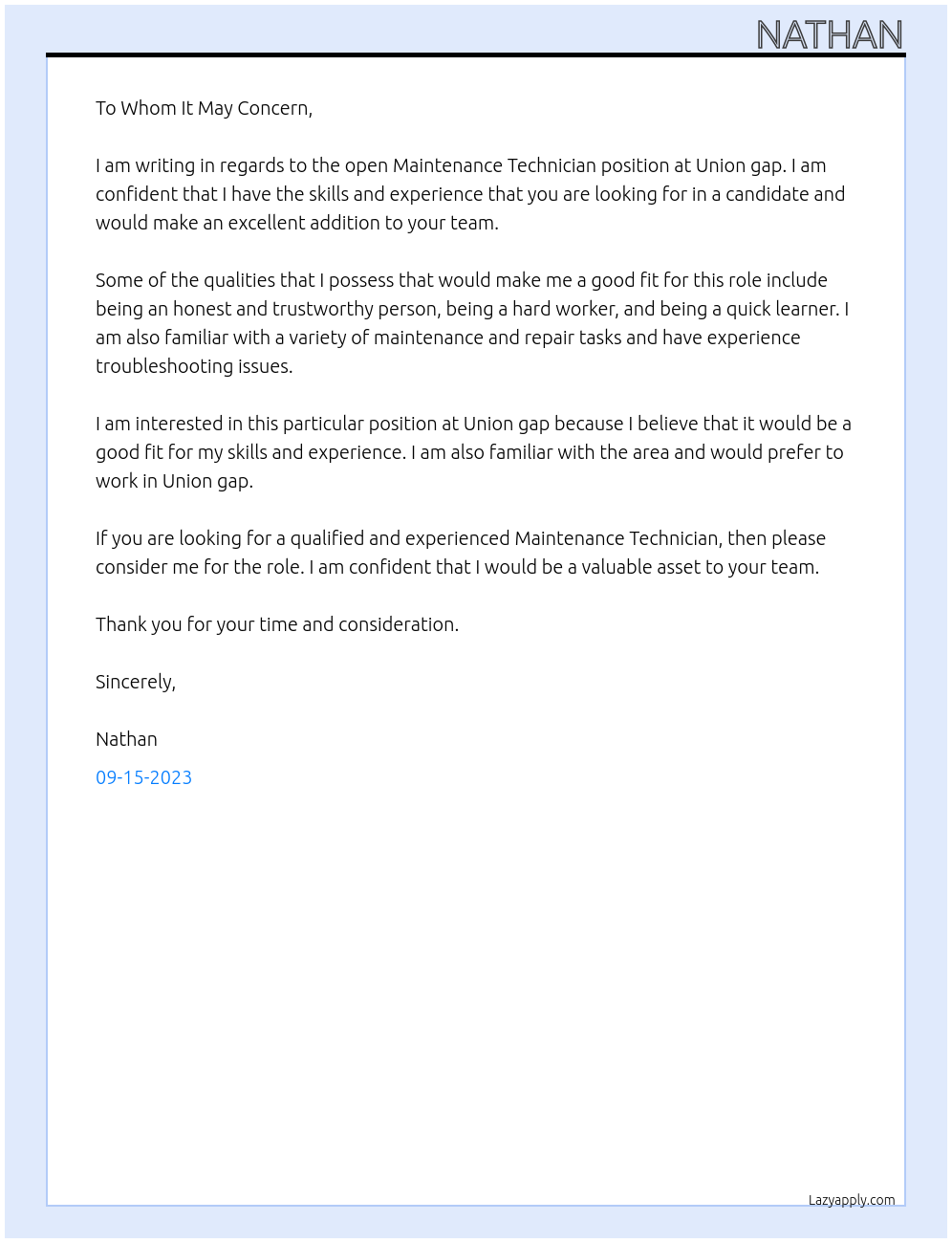 Maintenance technician At Union gap Cover Letter