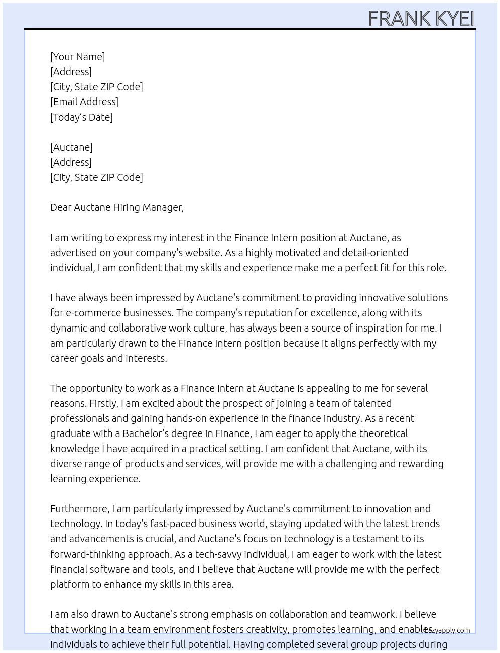 Finance Intern At Auctane Cover Letter