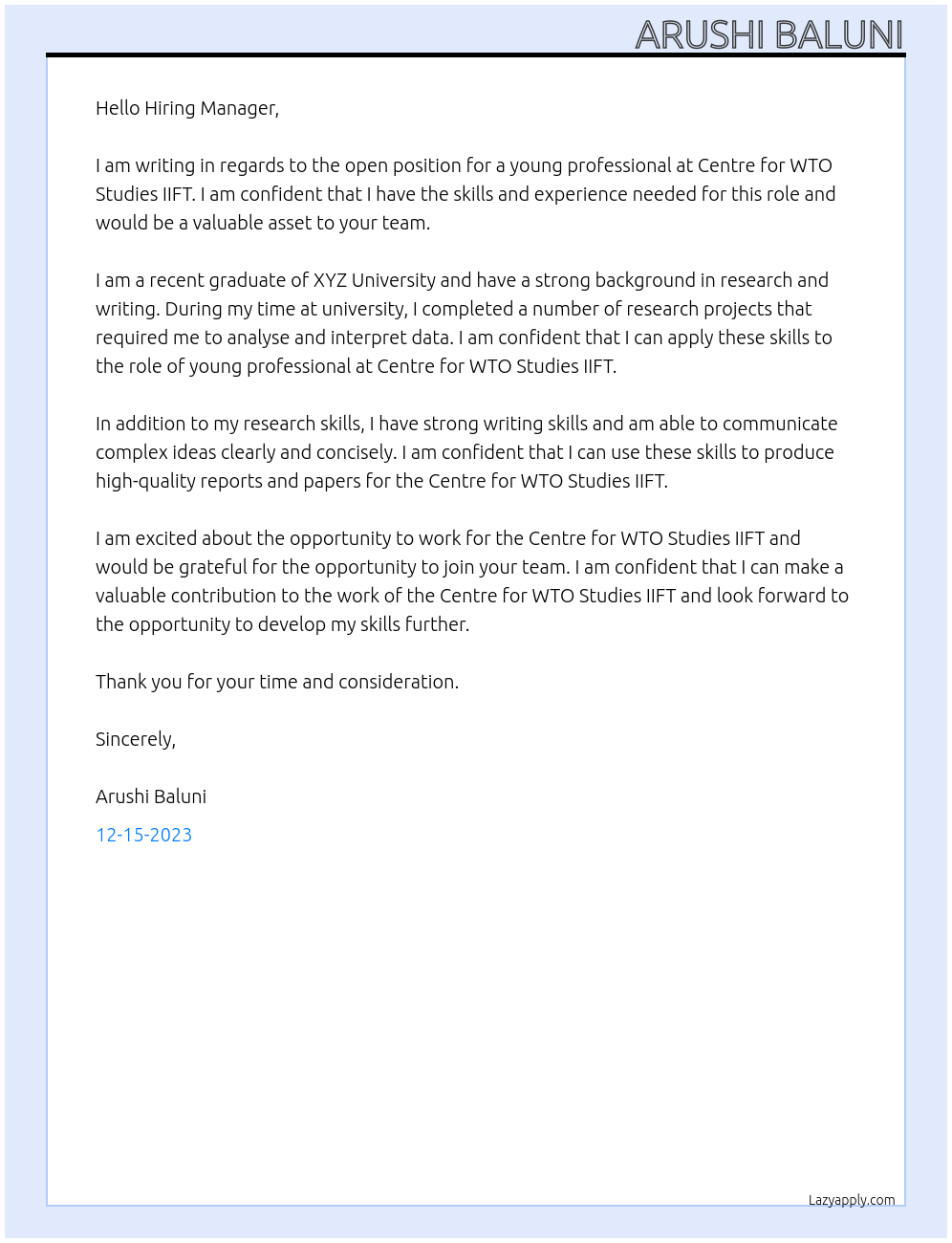 Young professional At Centre for WTO Studies IIFT Cover Letter