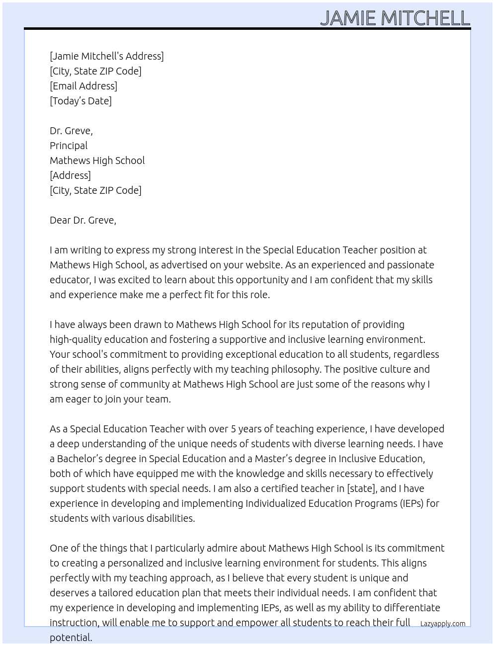 Special Education Teacher At Mathews High School Cover Letter
