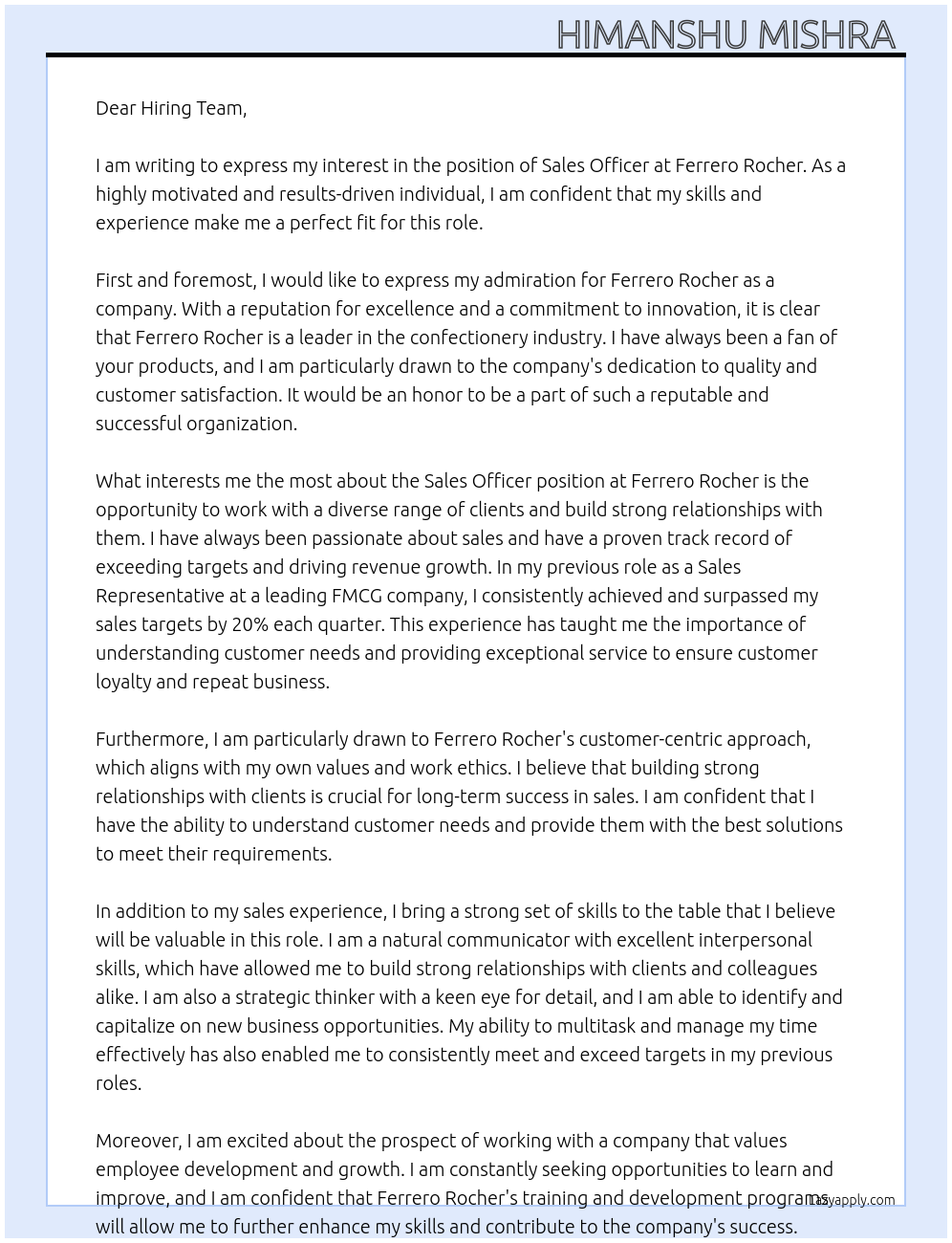 Sales officer At Ferrero rocher Cover Letter