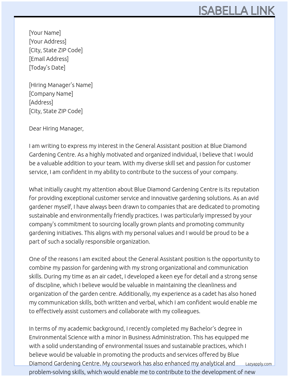General Assistant At Blue Diamond Gardening Centre Cover Letter