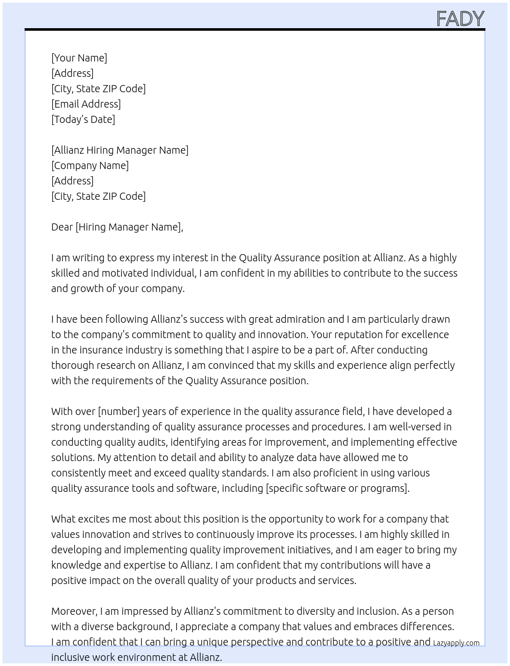 quality assurance  At allianz Cover Letter