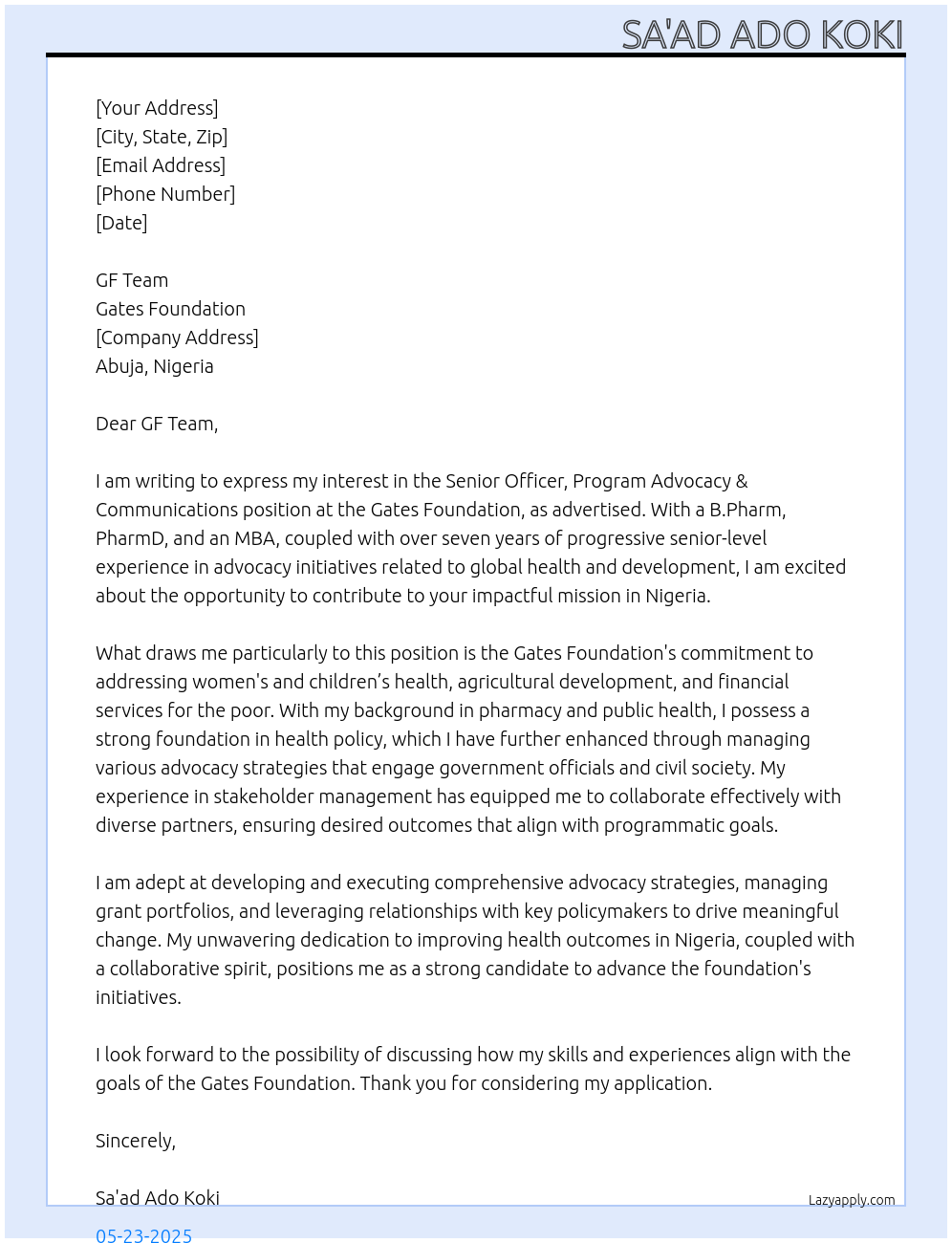 Cover letter for senior officer, program advocacy & communications - LazyApply