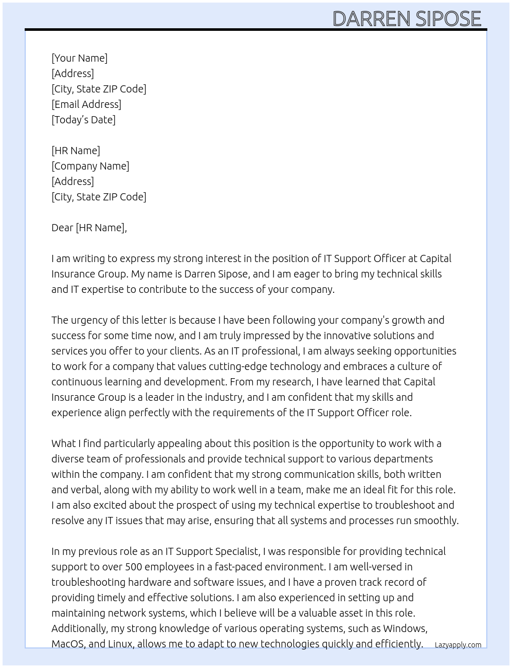 IT Support Officer At Capital Insurance Group Cover Letter