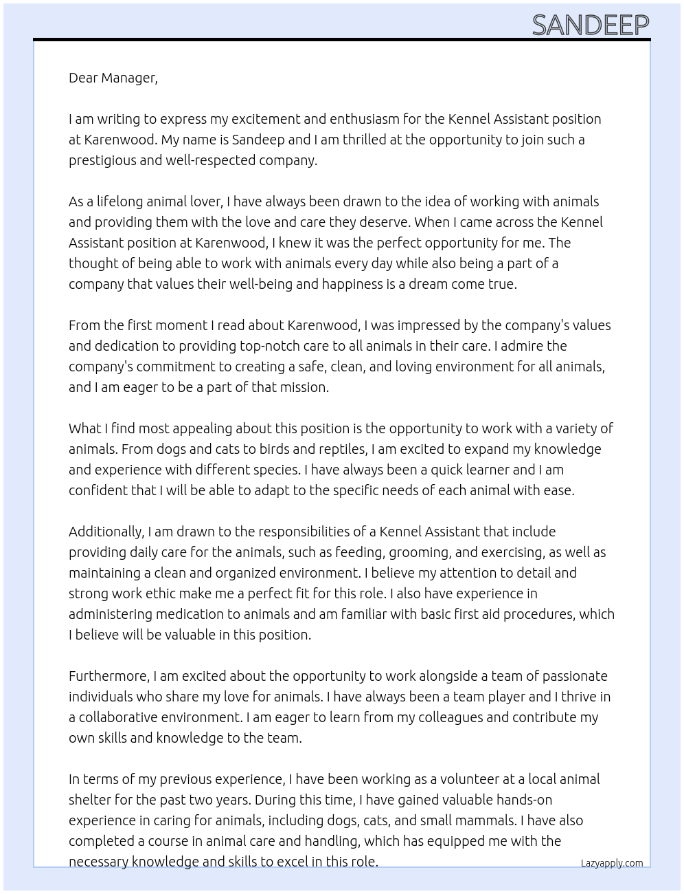 Kennel assistant At Karenwood Cover Letter