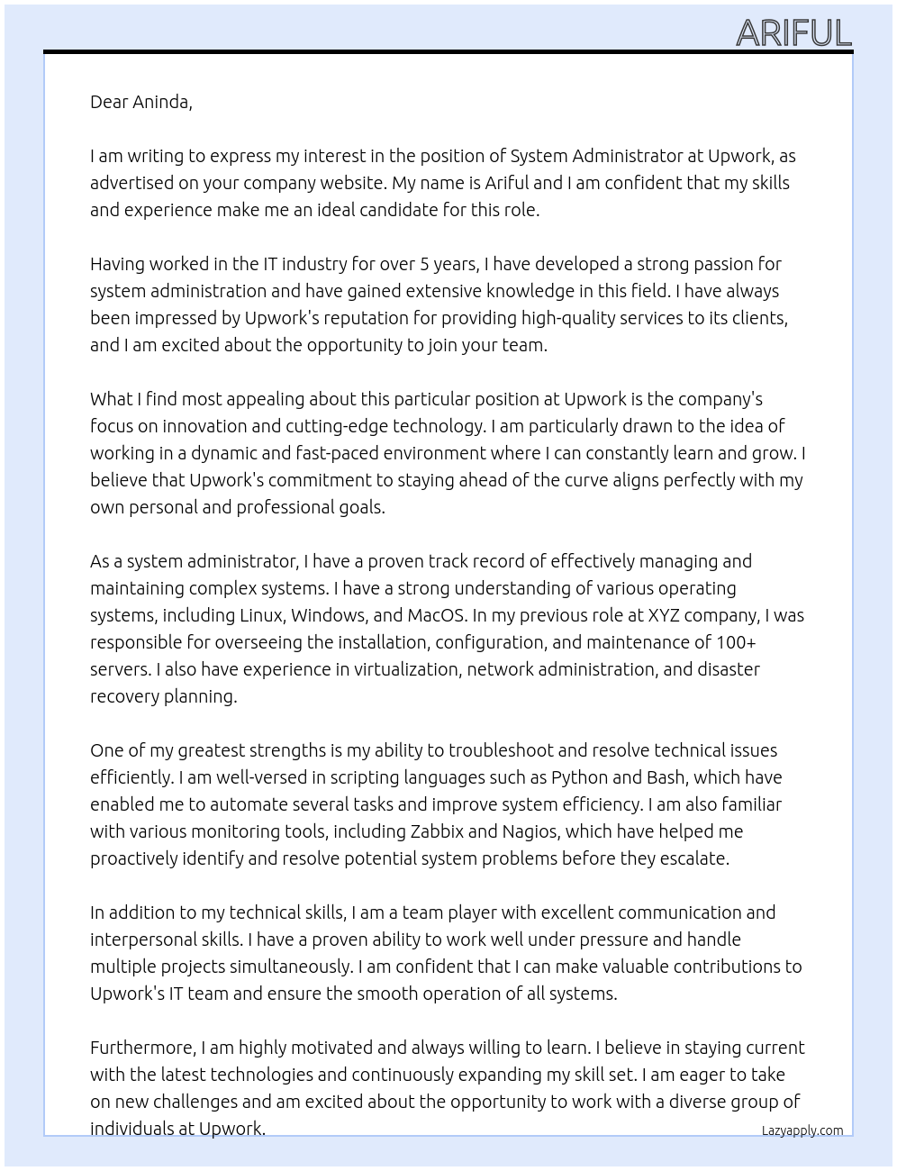 system administrator At Upwork Cover Letter