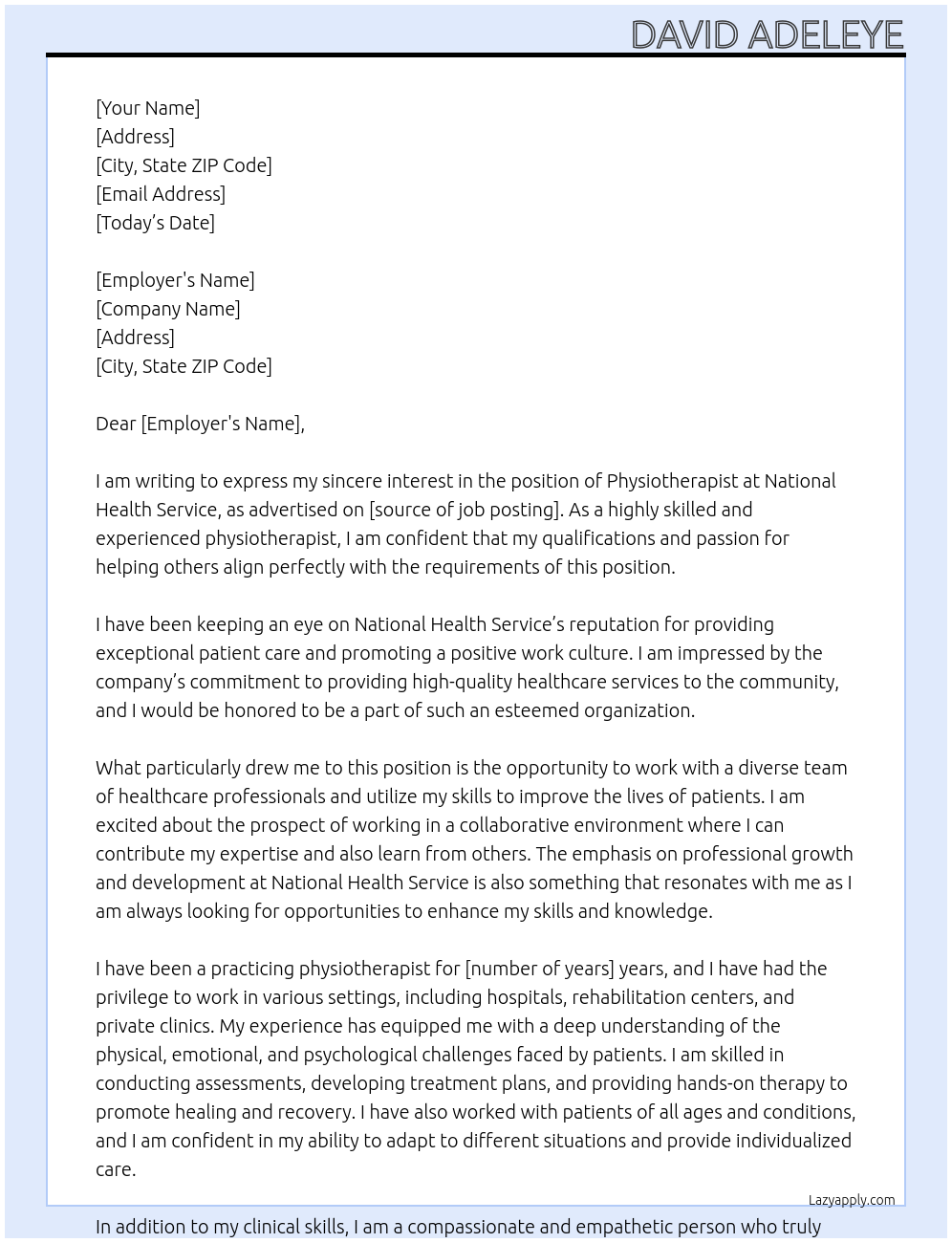 Physiotherapist At National Health Service Cover Letter