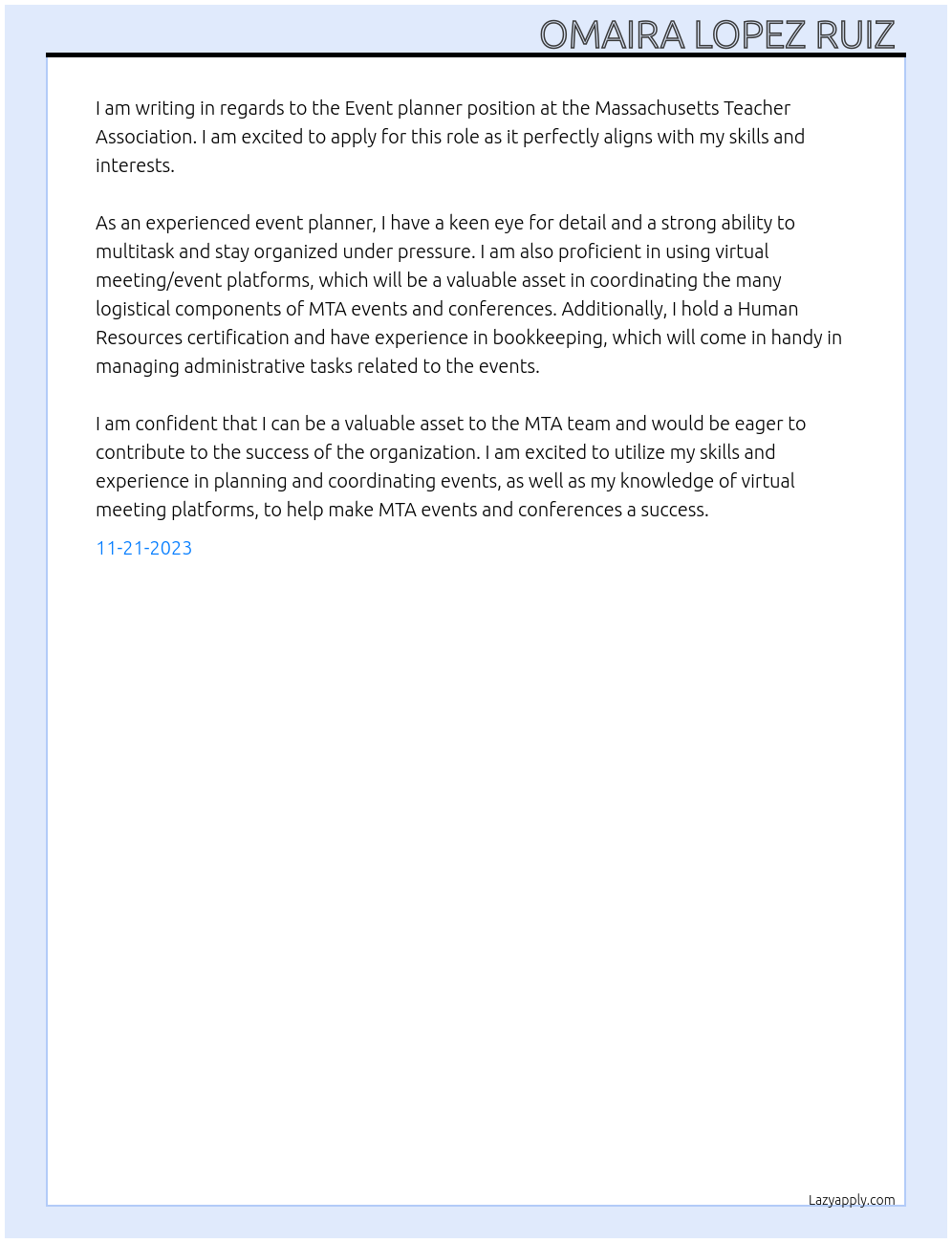 Event planner At Massachusetts Teacher Association Cover Letter