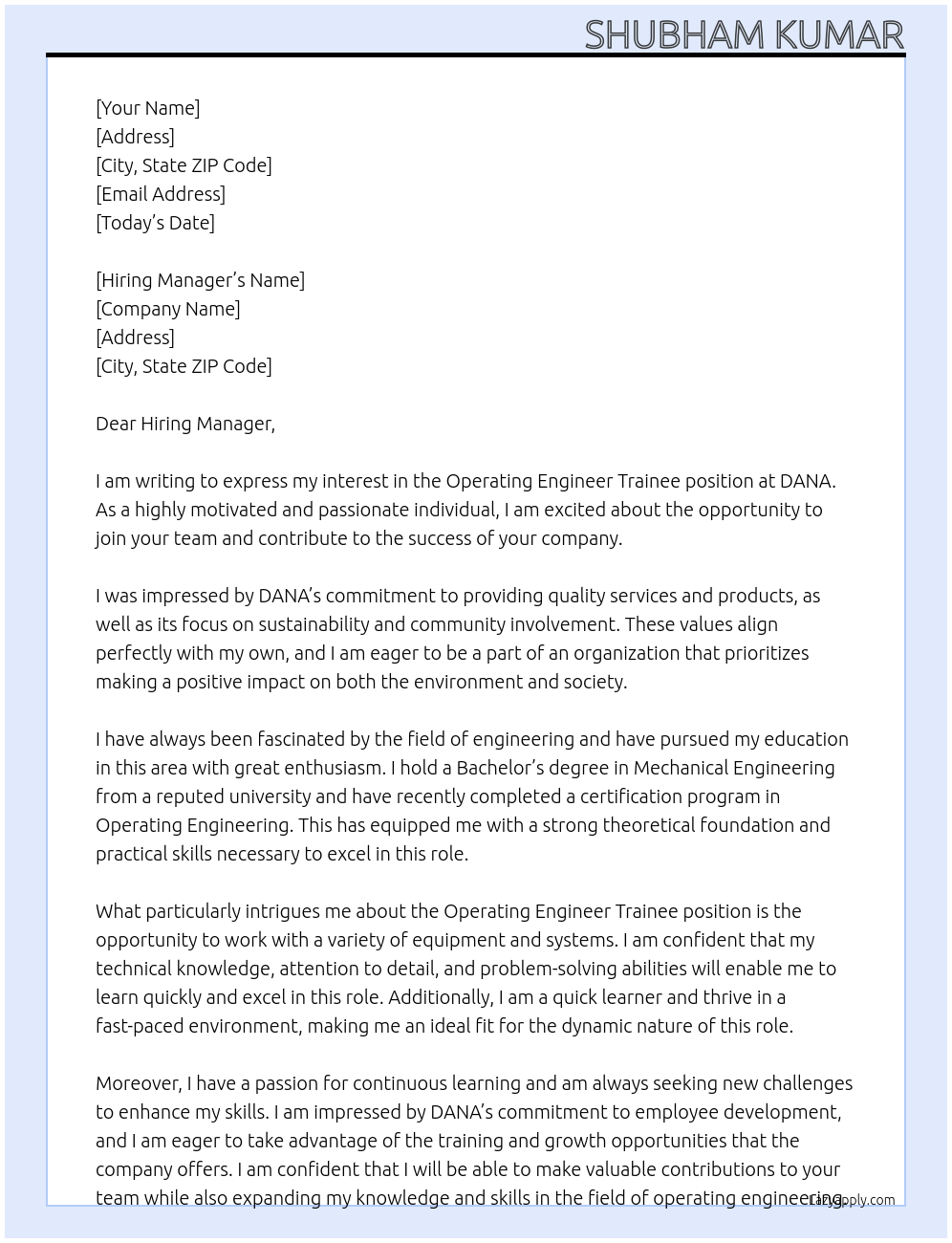 Operating engineer Trainee At DANA Cover Letter
