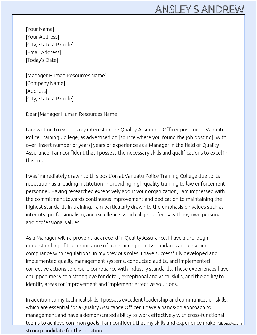 Quality Assurance Officer At Vanuatu Police Training College Cover Letter