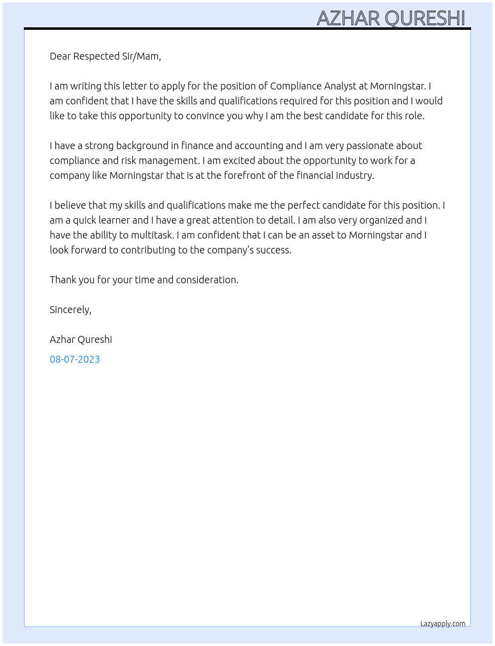 Compliance Analyst At Morningstar Cover Letter