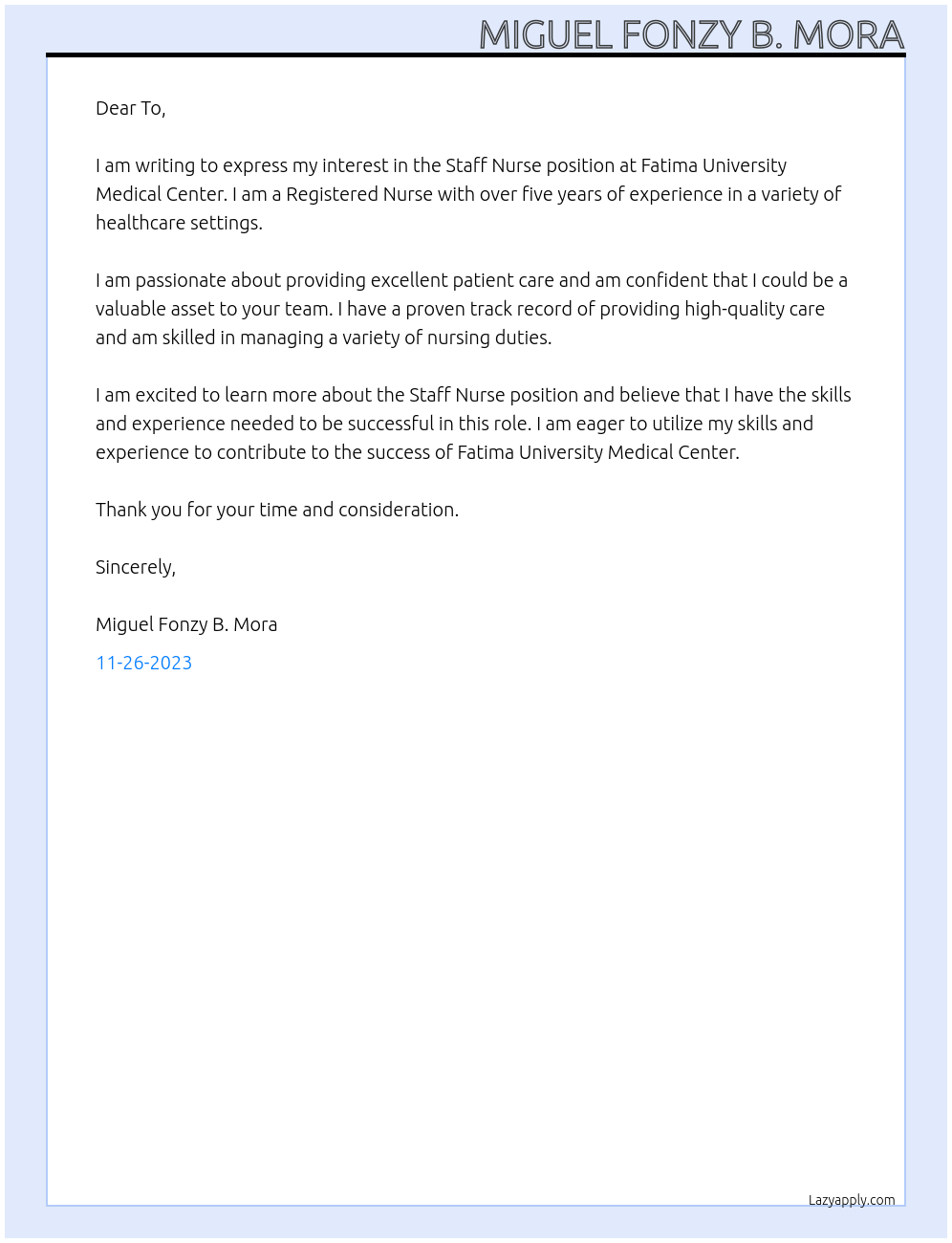 Staff Nurse At Fatima University Medical Center Cover Letter