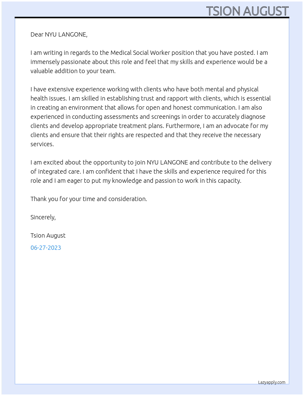 Medical Social Worker At NYU LANGONE Cover Letter