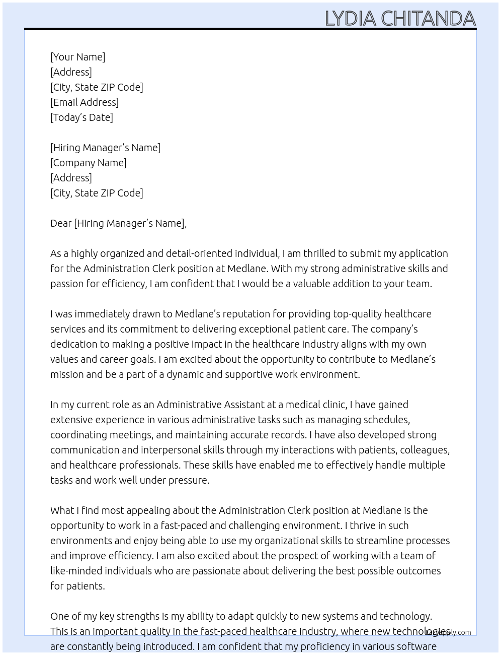 Administration clerk At Medlane Cover Letter