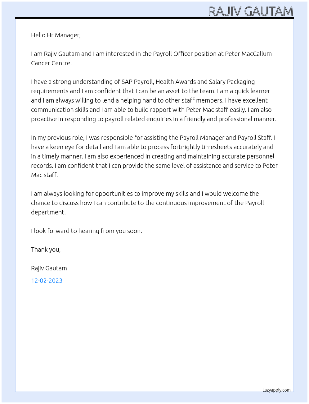 Payroll Officer At Peter MacCallum Cancer Centre Cover Letter