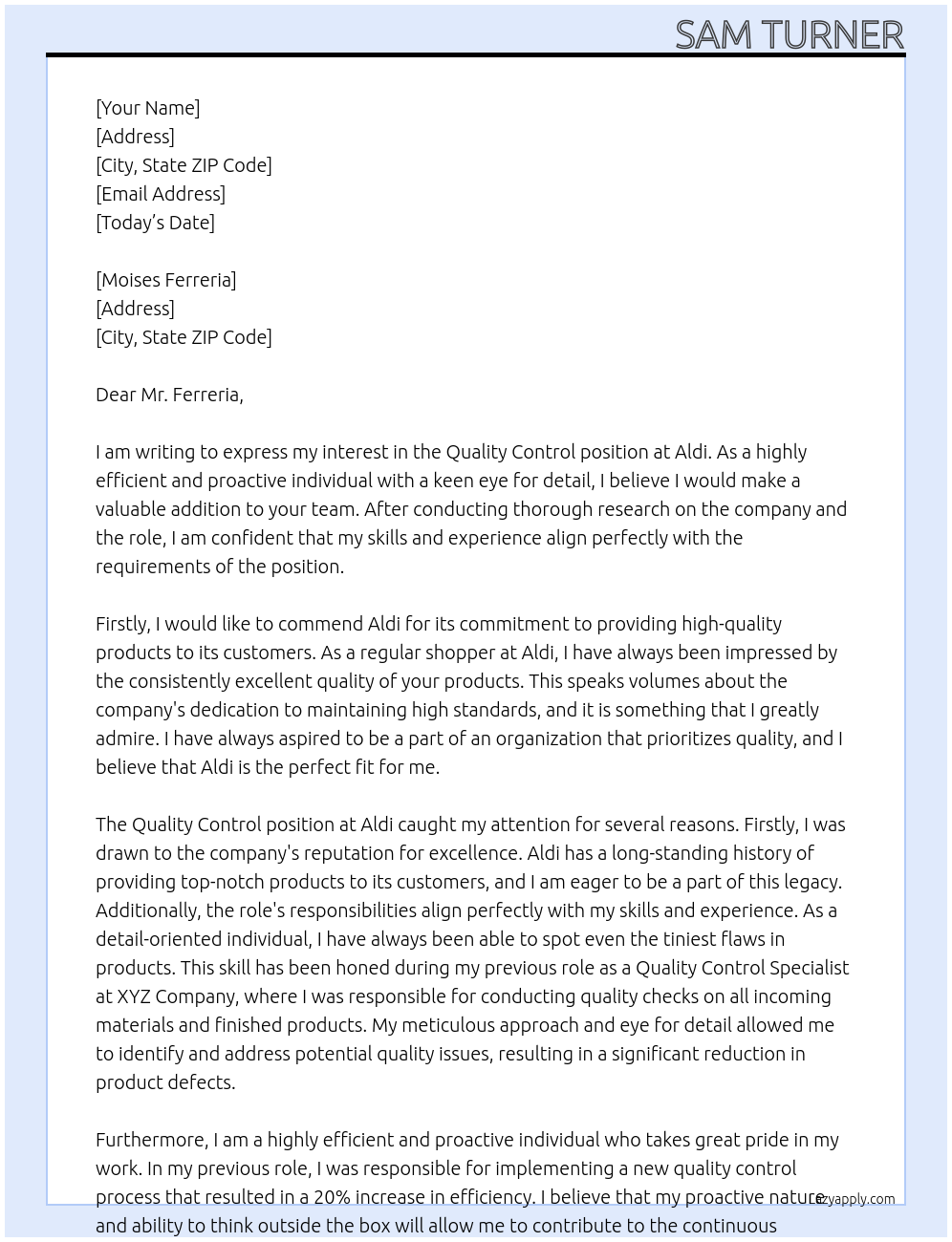 Quality control At Aldi Cover Letter