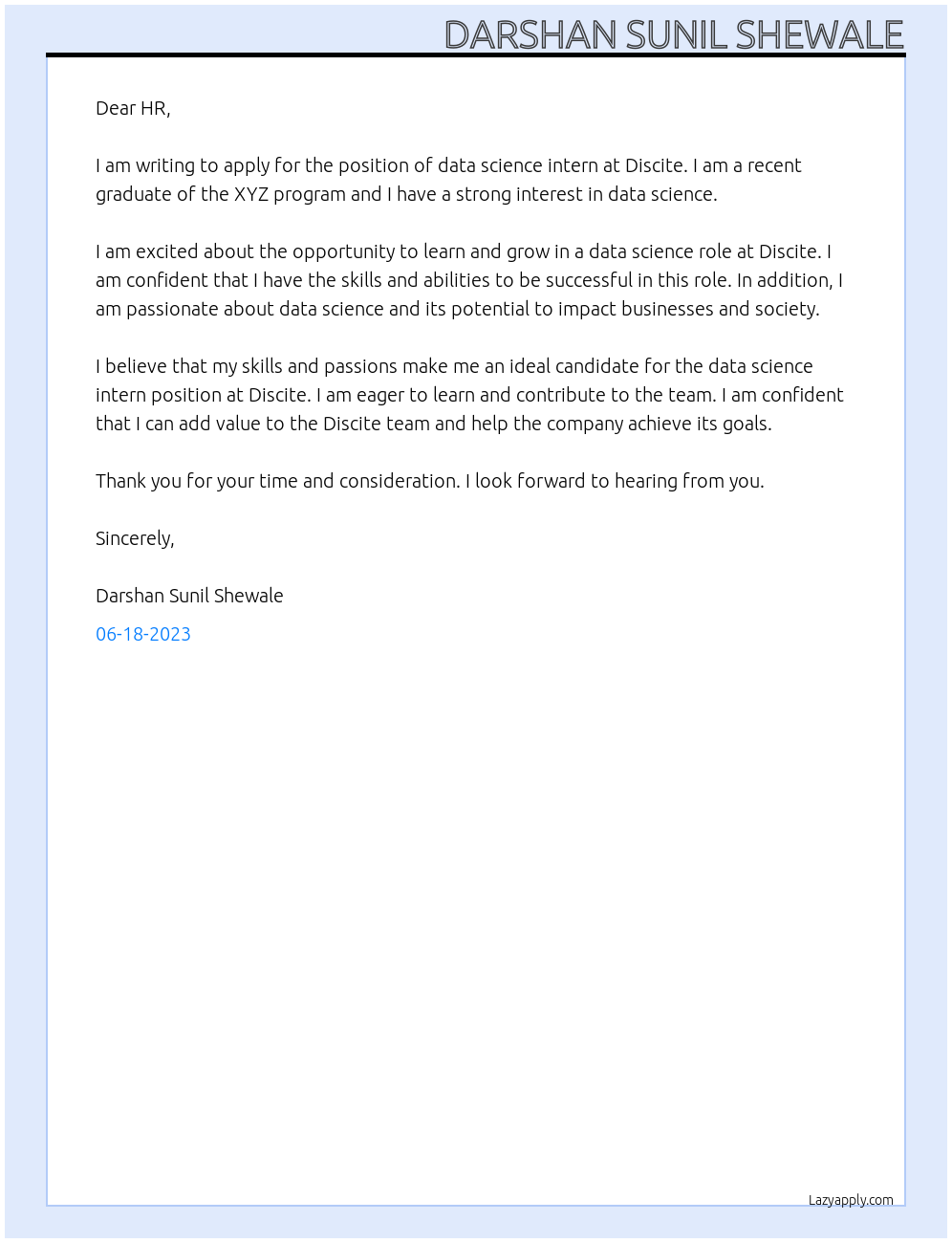 data science intern At Discite Cover Letter