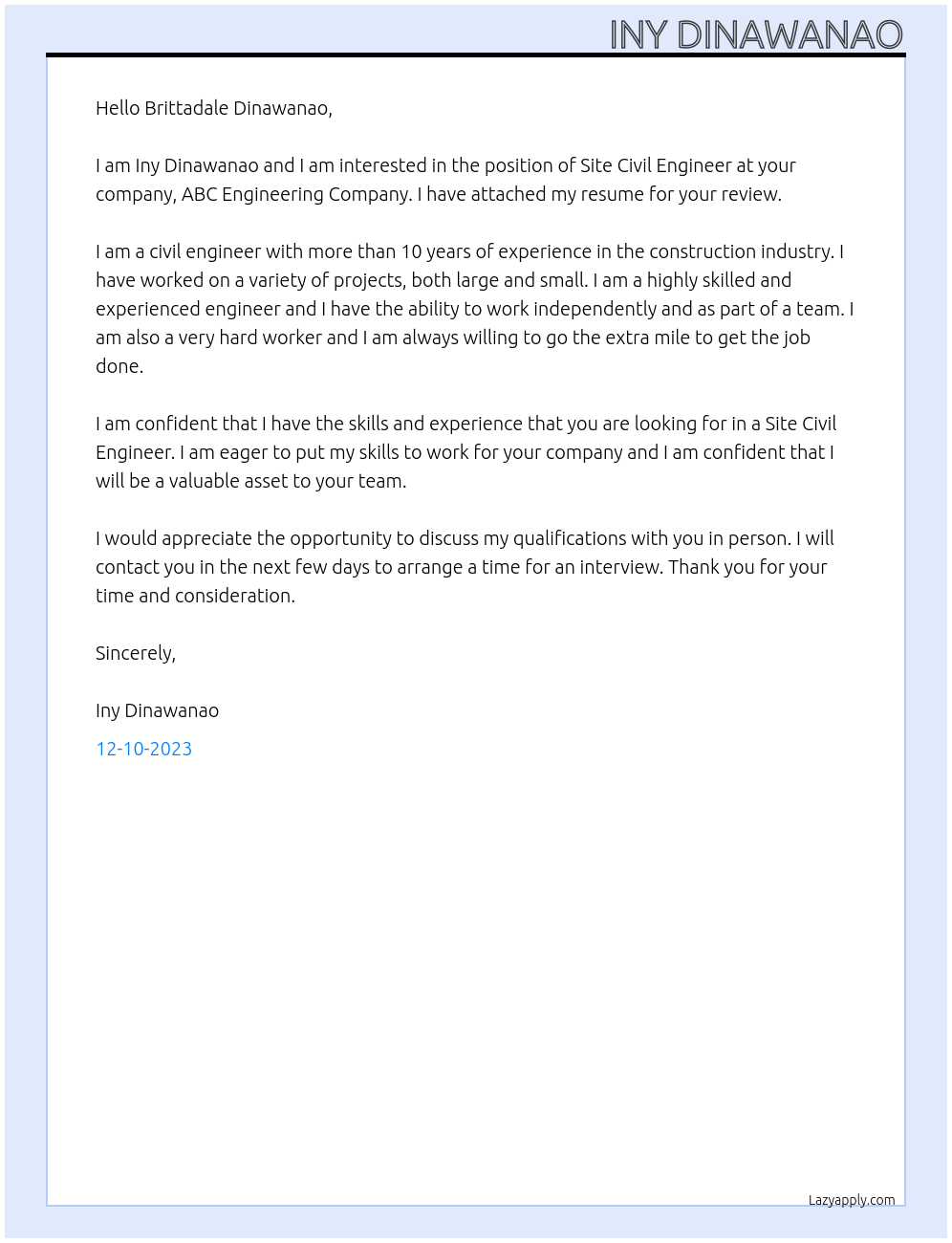 Site civil engineer At ABC Engineering Company Cover Letter