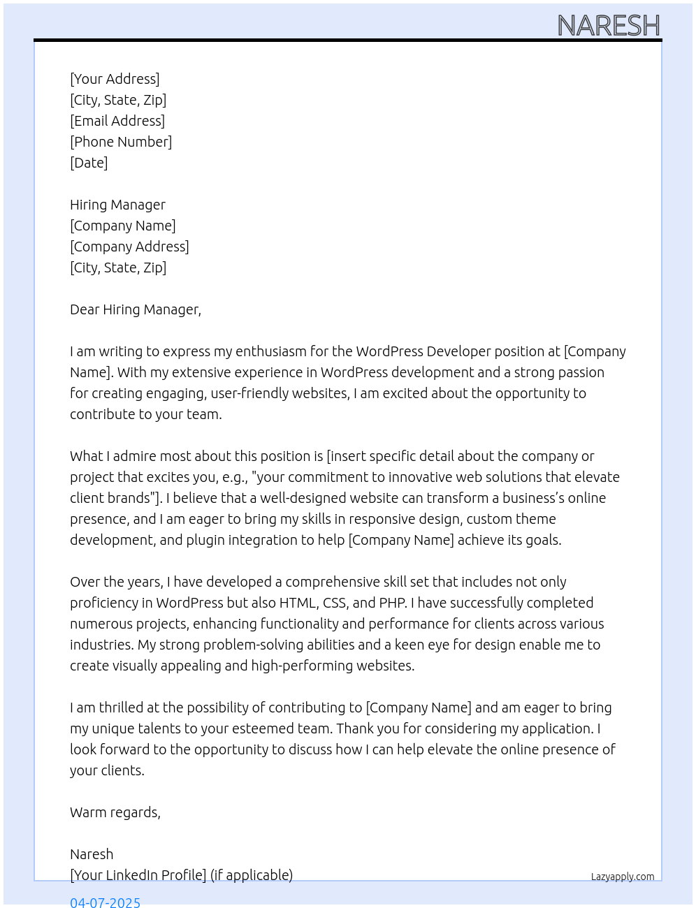 Wordpress Developer At Hiring Manager Cover Letter