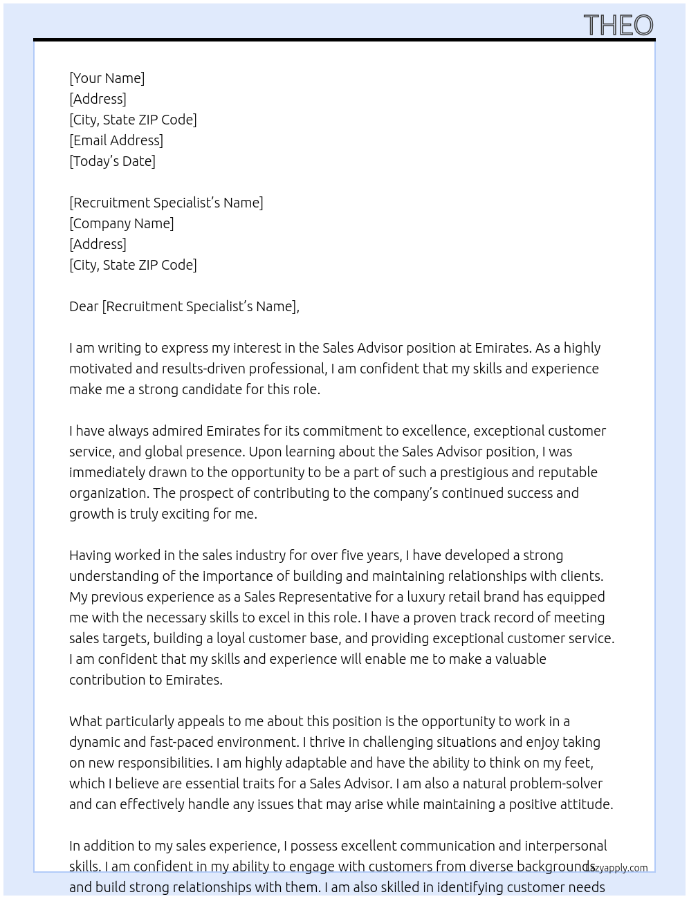 Sales Advisor At Emirates Cover Letter