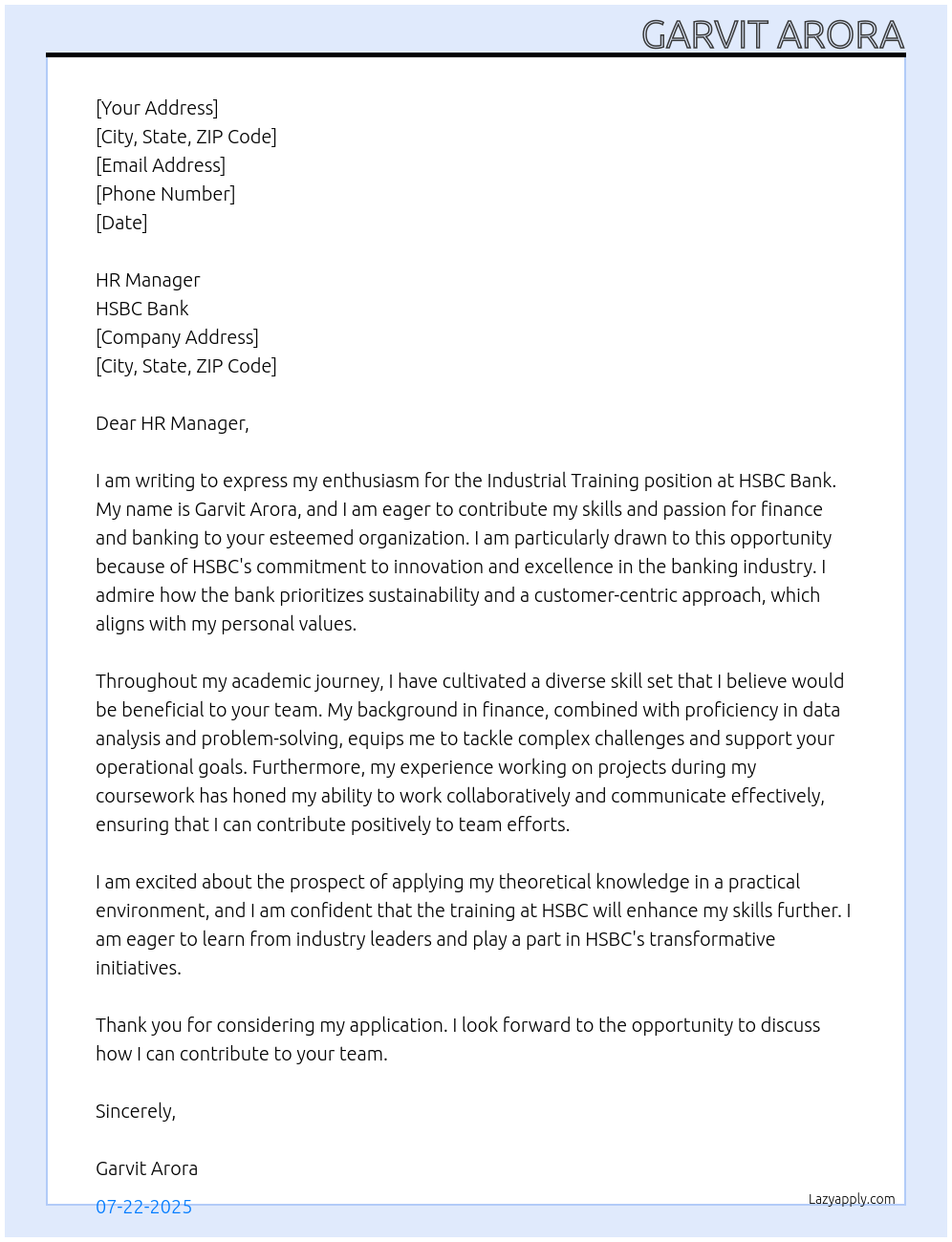 Cover letter for industrial training - LazyApply