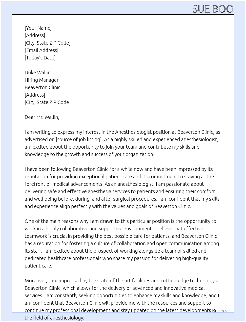 Cover letter for anesthesiologist - LazyApply