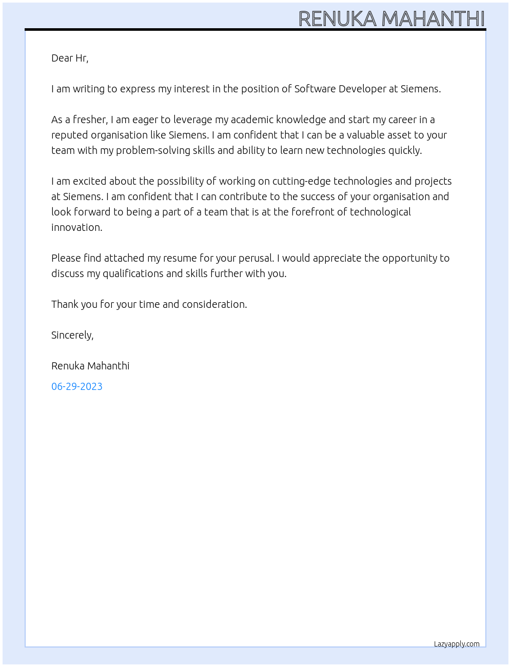 Software Developer fresher At Siemens Cover Letter