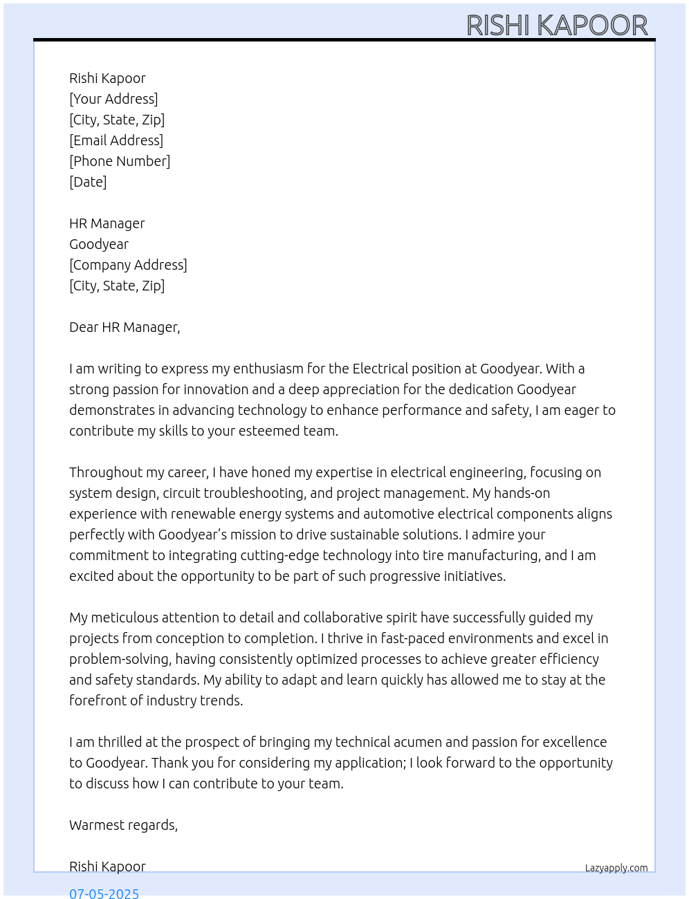 Electrical At Goodyear Cover Letter