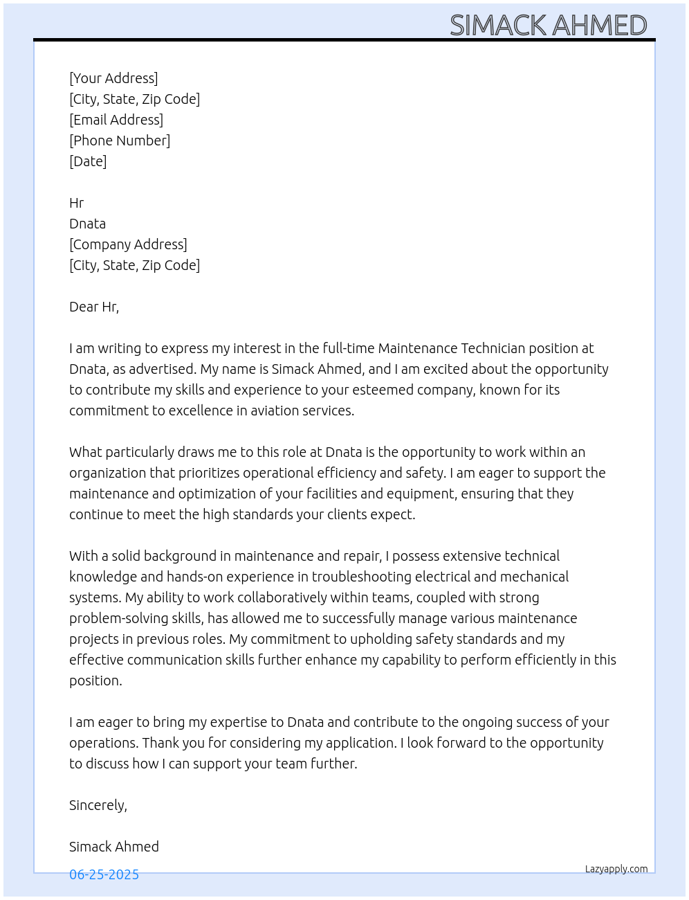 Maintenance Technician At Dnata Cover Letter