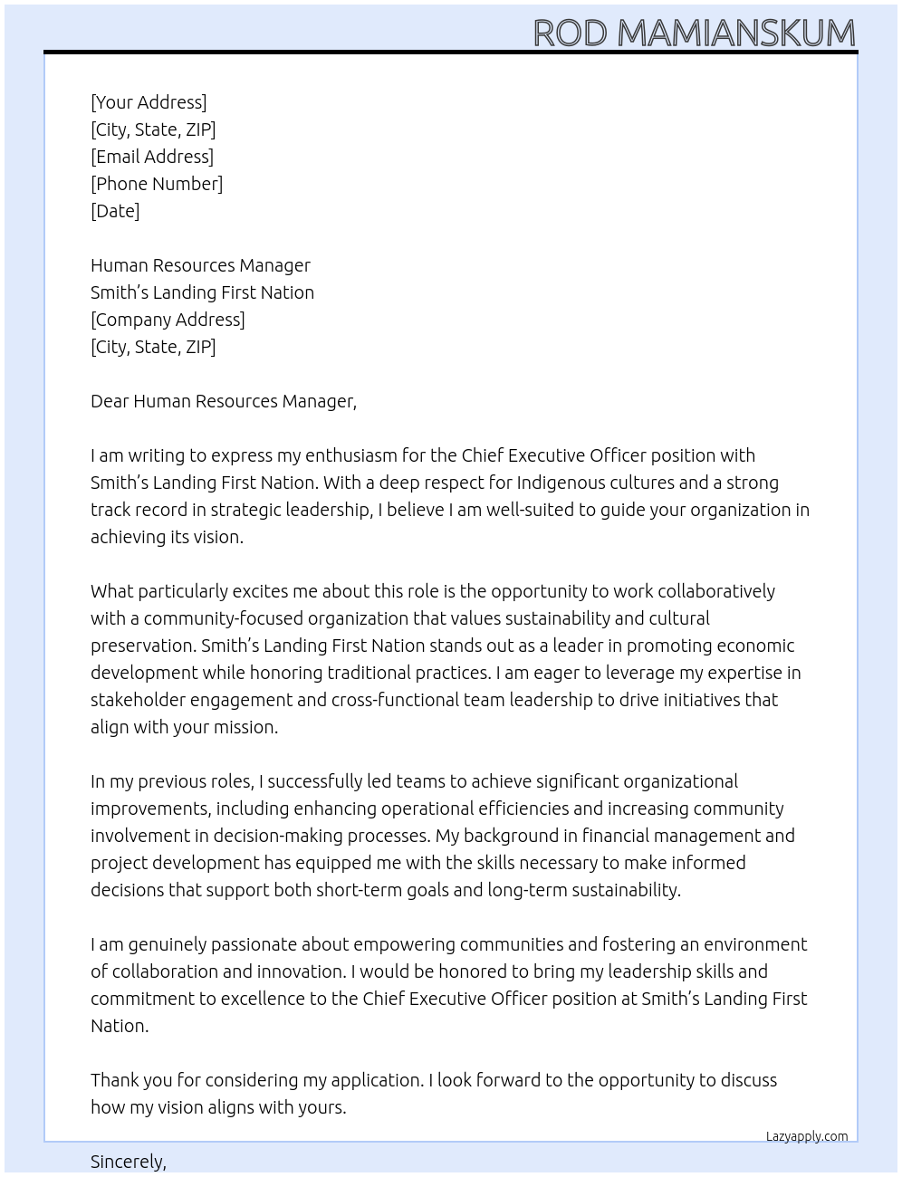 Cover letter for chief executive officer - LazyApply