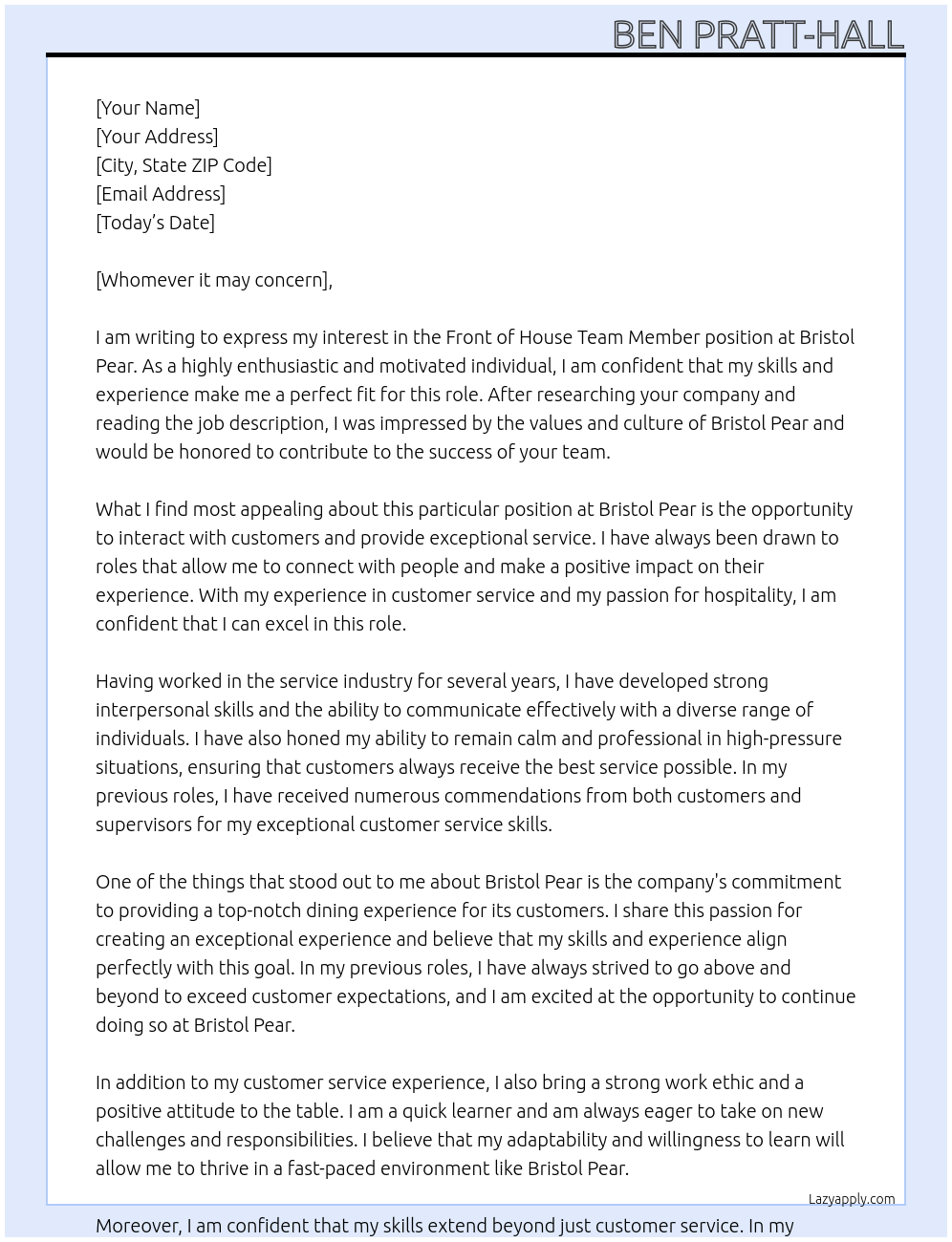 Front of House Team Member At Bristol Pear Cover Letter