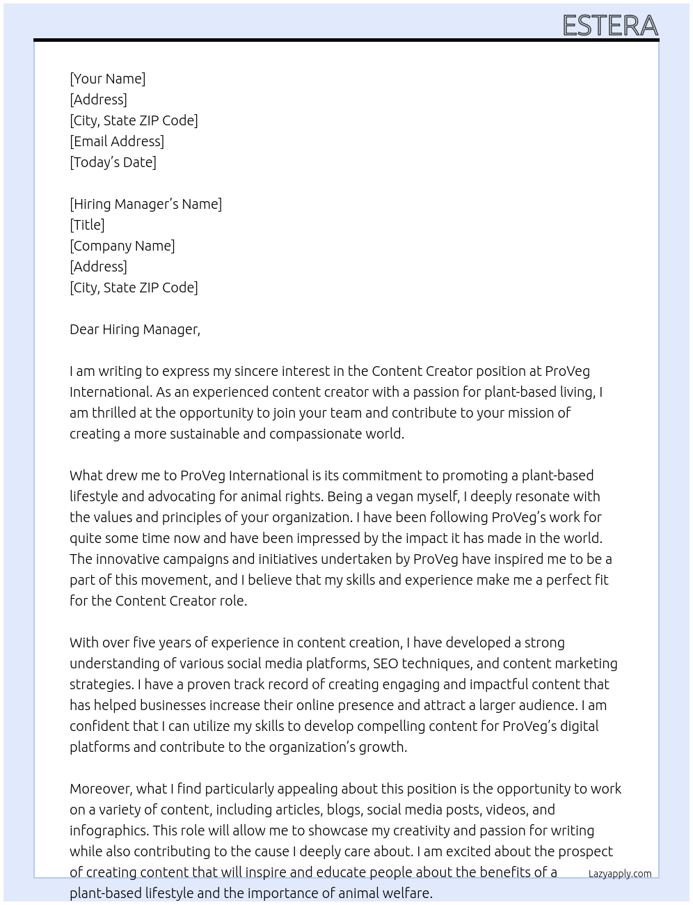 Content Creator At ProVeg International Cover Letter