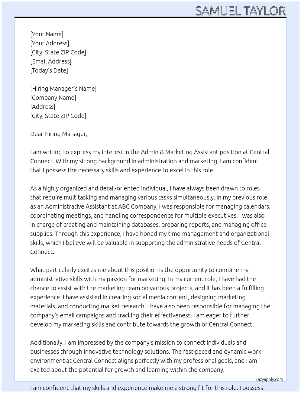 Admin & Marketing assistant At Central Connect Cover Letter